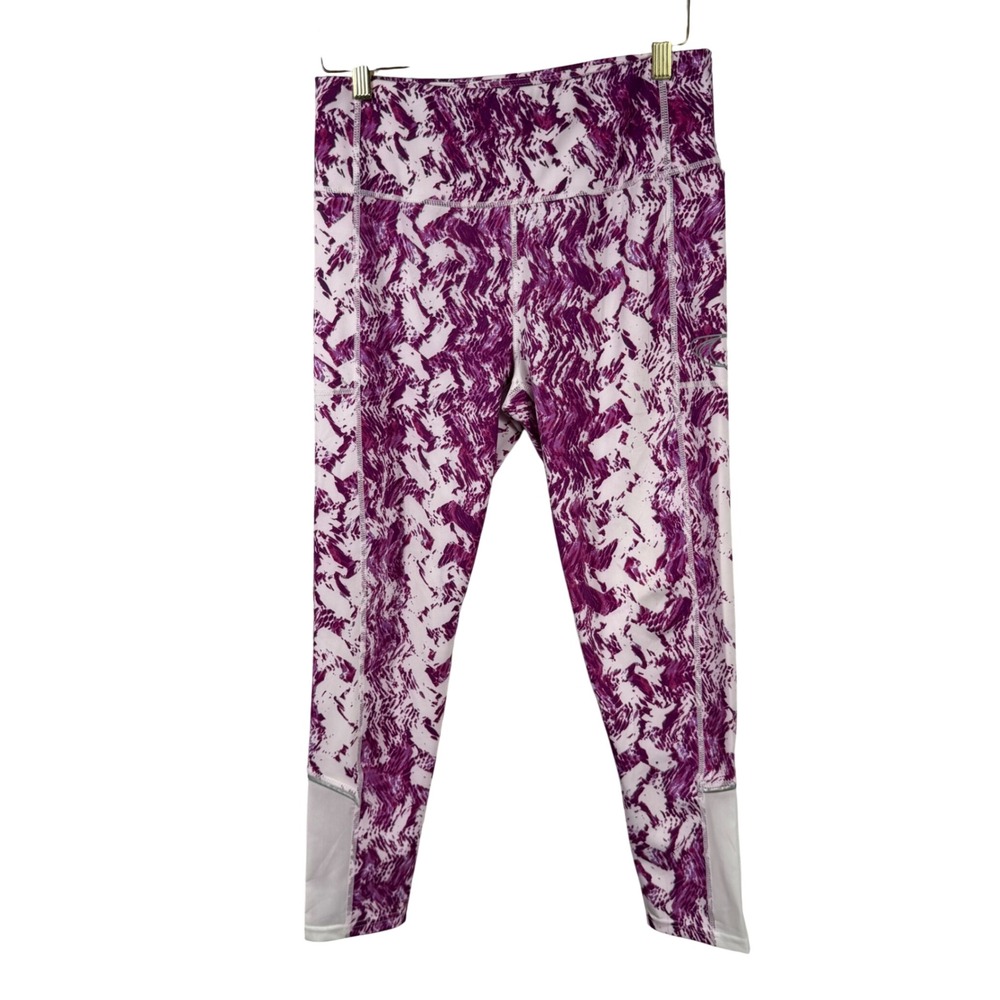TKO Womens Purple White Abstract Print Mesh Panel Activewear XL Leggings Pockets